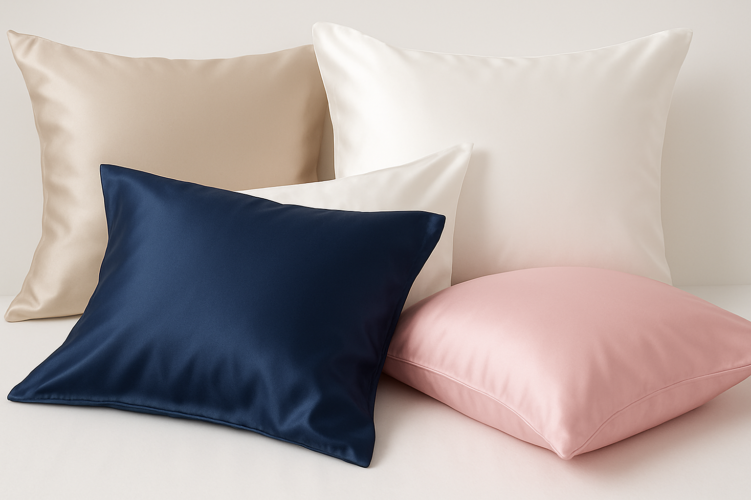 bej, beyaz, lacivert ve pembe renklerden oluşan ipek yastık kılıfları